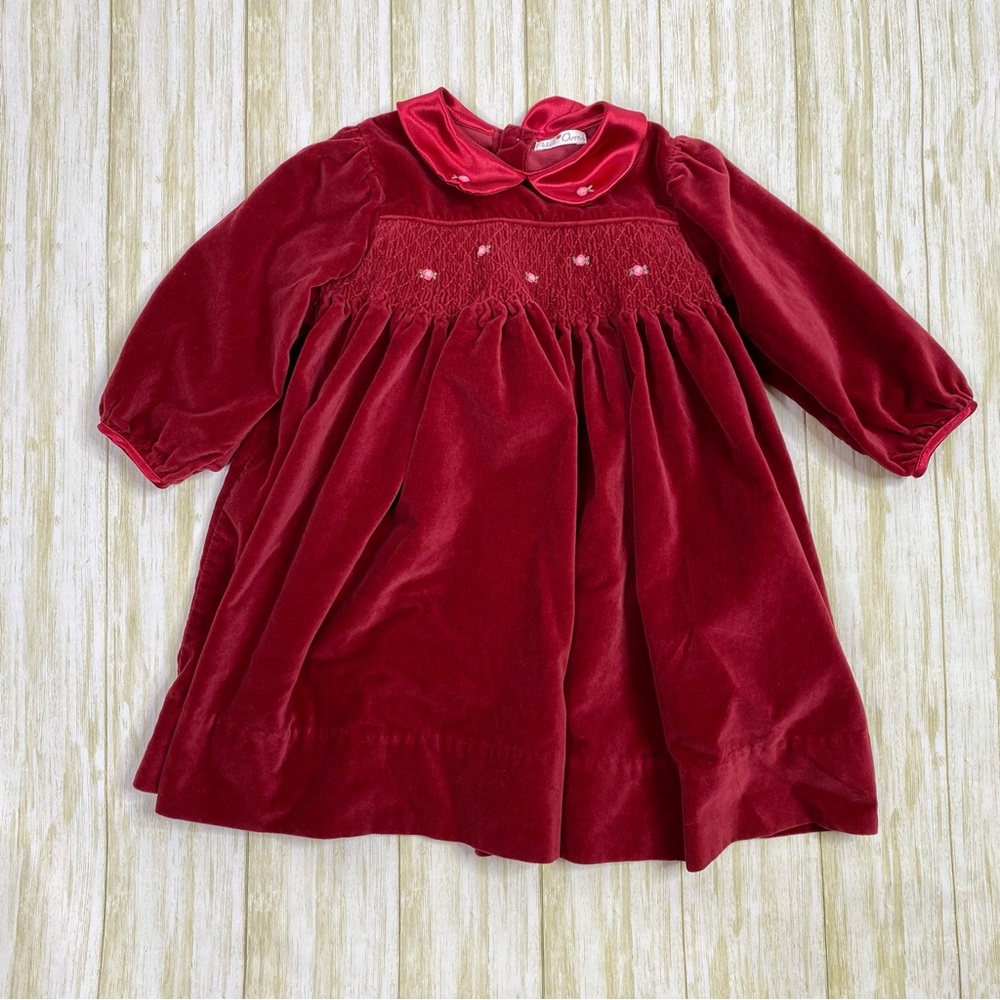 Petit Ami Red Velvet Floral Smocked Long Sleeve Dress